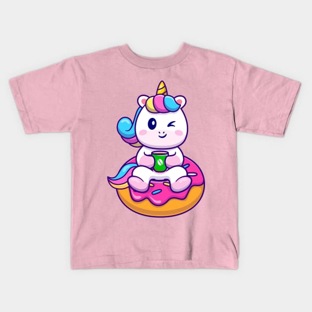 Cute Unicorn With Cofee And Doughnut Cartoon Kids T-Shirt by Catalyst Labs